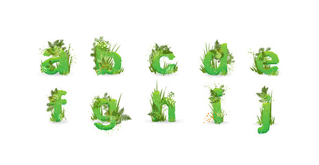 Green Leaves font. Vector illustration. Stylish eco alphabet from colorful tropical leaves, bushes, flowers and nature elements. Egology and natural font, summer and tropical letters isolated on white