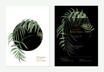 Event invitation card template design, Indoor bamboo palm leaves decorated on black