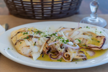 European cuisine, Mediterranean dish. Grilled squid with oyster sauce, Greece