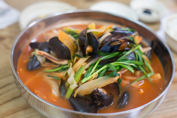 Jjamppong- chinese style korean noodles with vegetables and seafood