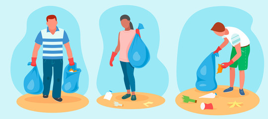 Set of illustration of volunteers who clean sandy shore from garbage, flat illustration. Ecological lifestyle. Save the Earth. Garbage bag
