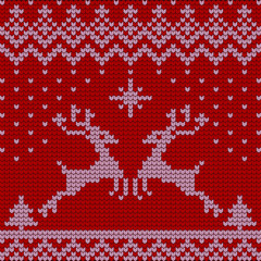 Seamless Christmas nordic knitting vector with fir-trees, snowflakes, deer, snow and decorative stripes on red background