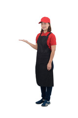Portrait of happy Female staff in uniforms with apron isolated on white