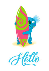 Hello. Surfing print design with hand drawn koala and board