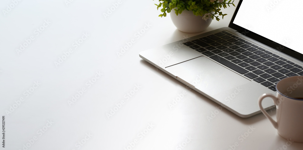 Poster cropped shot of minimal workspace with laptop computer and tree pot on white table table