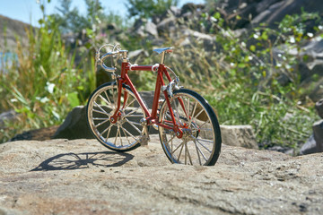 Fototapeta na wymiar red metal toy bike on the lake with clear water on a clear sunny day in summer while traveling