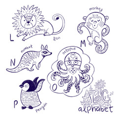 Cute animal alphabet coloring page. Funny cartoon animals - lion, monkey, numbat, octopus and penguin