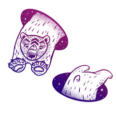Polar bear in magic teleport. Linear drawing in bright vibrant gradient color.