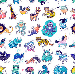 Cute cartoon animals alphabet pattern for children preschool education in colored pencil style