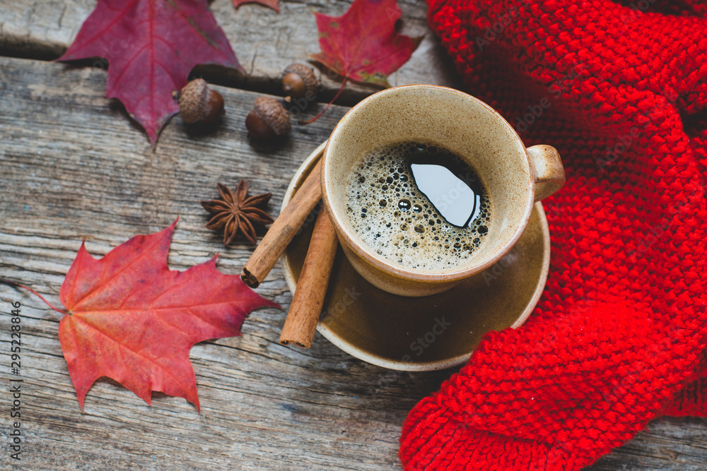 Wall mural cup coffee and autumn leaves