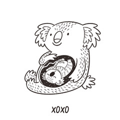 Black and white pregnant koala with her baby in ink style. Hand drawn illustration of animal waiting for a baby. Ideal for coloring