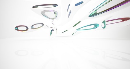 Abstract architectural white and glass gradient color smooth interior of a minimalist house with large windows.. 3D illustration and rendering.