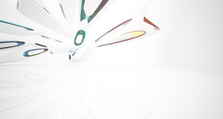 Abstract architectural white and glass gradient color smooth interior of a minimalist house with large windows.. 3D illustration and rendering.