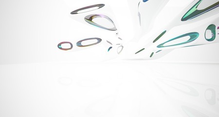 Abstract architectural white and glass gradient color smooth interior of a minimalist house with large windows.. 3D illustration and rendering.