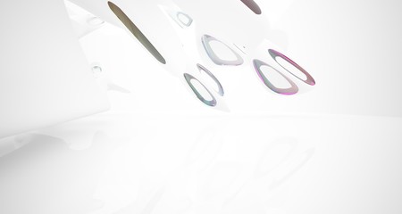 Abstract architectural white and glass gradient color smooth interior of a minimalist house with large windows.. 3D illustration and rendering.