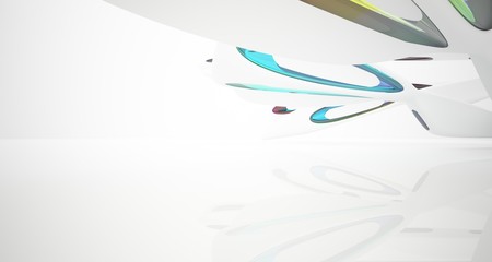 Obraz premium Abstract architectural white and glass gradient color smooth interior of a minimalist house with large windows.. 3D illustration and rendering.