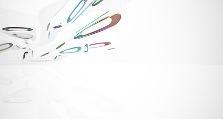 Abstract architectural white and glass gradient color smooth interior of a minimalist house with large windows.. 3D illustration and rendering.