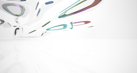 Abstract architectural white and glass gradient color smooth interior of a minimalist house with large windows.. 3D illustration and rendering.