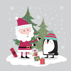 Cute penguins meet Santa on the Christmas celebration and are attended by little robins, vector stock illustration