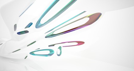 Abstract architectural white and glass gradient color smooth interior of a minimalist house with large windows.. 3D illustration and rendering.