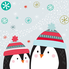 Cute two penguins wearing matching hats, cute Christmas character, vector illustration