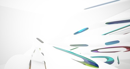 Abstract architectural white and glass gradient color smooth interior of a minimalist house with large windows.. 3D illustration and rendering.