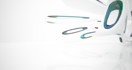 Abstract architectural white and glass gradient color smooth interior of a minimalist house with large windows.. 3D illustration and rendering.