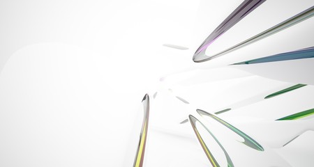 Fototapeta premium Abstract architectural white and glass gradient color smooth interior of a minimalist house with large windows.. 3D illustration and rendering.