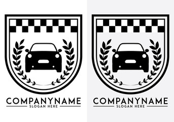 Car logo racing emblem with shield, laurel wreath, and checkered flag design