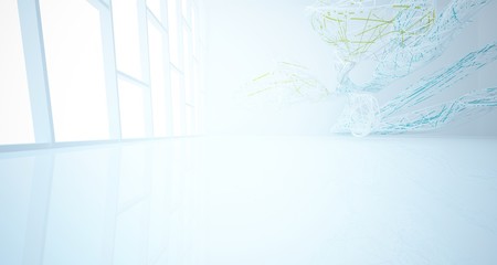 Fototapeta premium Abstract architectural white and glass gradient color smooth wire interior of a minimalist house with large windows.. 3D illustration and rendering.