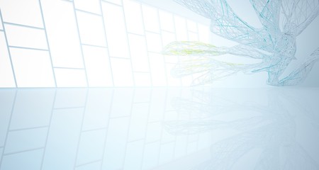 Abstract architectural white and glass gradient color smooth wire interior of a minimalist house with large windows.. 3D illustration and rendering.