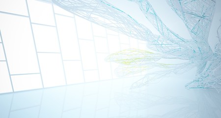 Abstract architectural white and glass gradient color smooth wire interior of a minimalist house with large windows.. 3D illustration and rendering.