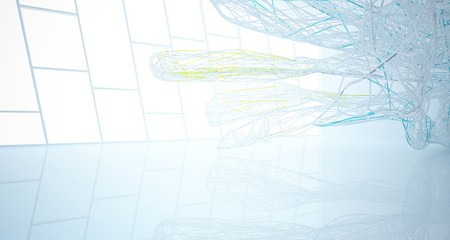 Fototapeta premium Abstract architectural white and glass gradient color smooth wire interior of a minimalist house with large windows.. 3D illustration and rendering.