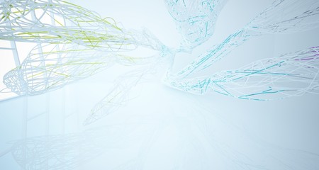 Abstract architectural white and glass gradient color smooth wire interior of a minimalist house with large windows.. 3D illustration and rendering.