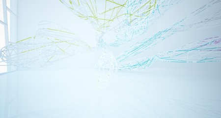 Abstract architectural white and glass gradient color smooth wire interior of a minimalist house with large windows.. 3D illustration and rendering.