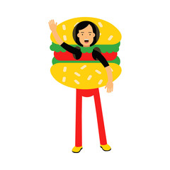 Dark-haired Man Standing Wearing Hamburger Costume Vector Illustration