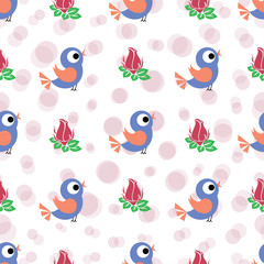 Vector lovely birds and beautiful roses seamless