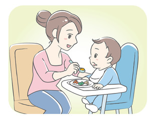 Mother is feeding her baby. Vector illustration.