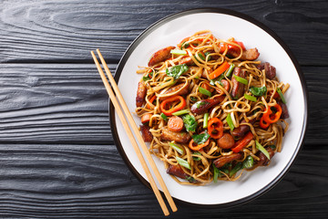 Stir fry from chow mein noodles with pork and vegetables close-up on a plate. Horizontal top view