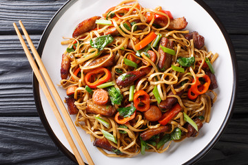 Chow mein noodles with pork, pepper, cabbage, onions and carrots close-up on a plate. Horizontal top view