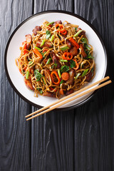 Traditional chow mein noodles with fried pork and vegetables close-up on a plate. Vertical top view