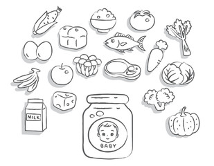 Foods for baby. Vector illustration.