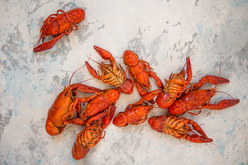 Red boiled crawfishes on table in rustic style, closeup. Lobster closeup.