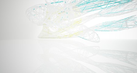 Abstract architectural white and glass gradient color smooth wire interior of a minimalist house with large windows.. 3D illustration and rendering.