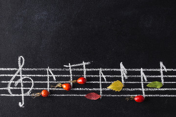 Music scale with treble clef and notes on chalkboard.