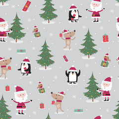 Seamless pattern with meeting between cute Santa Claus, reindeer, robin and penguin on the Christmas celebration, design vector stock illustration