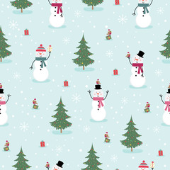 Seamless cute Snowman and little robin, Christmas cute character, suitable for wrap, wallpaper, decorative paper, vector illustration