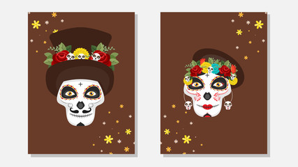 Illustration of sugar skull or calaveras and catrina skull on brown background decorated with flowers in two option.