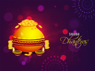 Illustration of golden coin pot with illuminated oil lamp (Diya) on purple mandala lighting effect background for Shubh (Happy) Dhanteras celebration.