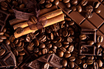 Chocolate coffee still life. Warm invigorating morning. Tart aromas. Delicious coffee and chocolate.